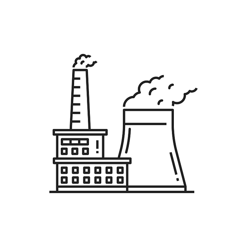 Factory or plant generating energy, industrial towers with radiation, ecology wastes isolated thin line icon. Vector electrical power station nuclear reactor. Thermal generator big modern building