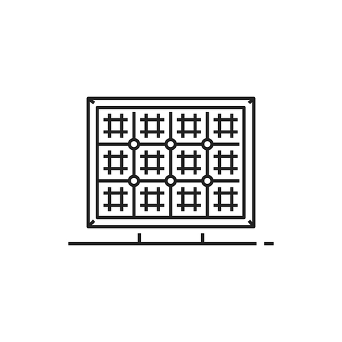 Solar panel generating pure electricity isolated thin line icon. Vector sun power generator, green energy battery. Photovoltaic cells PV module generating direct current electricity by sunlight