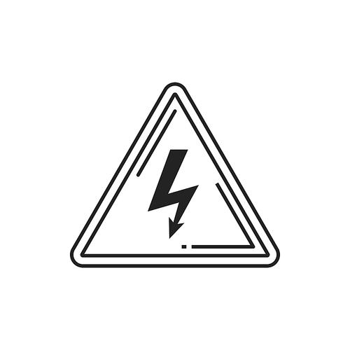 High voltage triangular sign isolated thin line icon. Vector caution triangle with power lighting voltage, danger and precaution. Danger symbol, black arrow in triangle with pointer down, warning