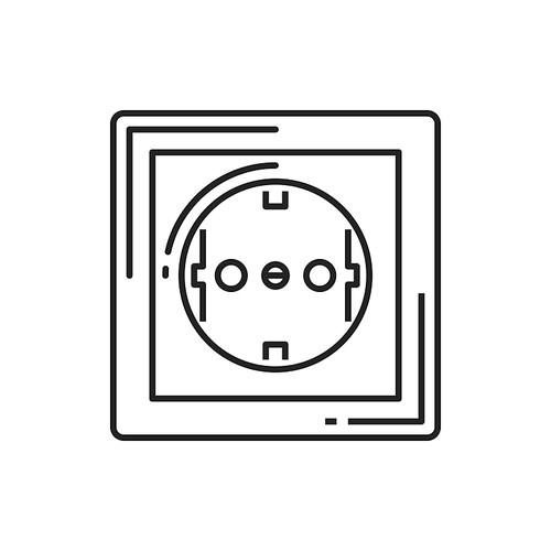 Rosette electric socket isolated power outlet thin line icon. Vector European wall socket-outlet, square rosette with round halls connecting electric equipment to current supply, electrical nest