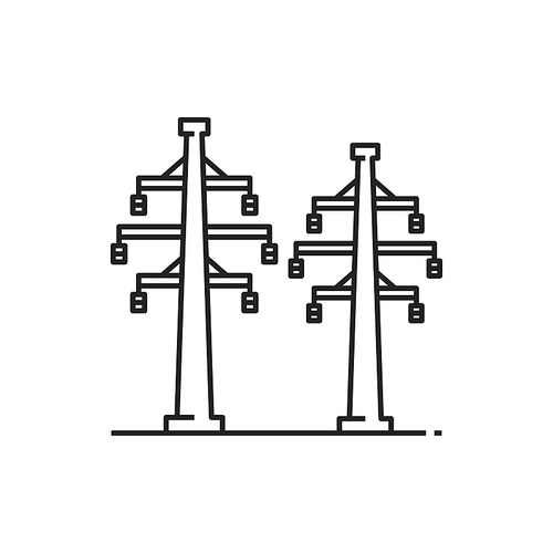 Structures, lattice tower and overhead power line isolated outline icon. Vector electricity pylon structure, steel lattice tower to support power line. Three-phase transmission towers powerlines