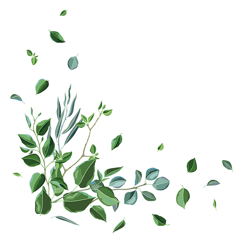 Decoration with branches and green leaves. Spring or summer stylized foliage. Seasonal illustration.