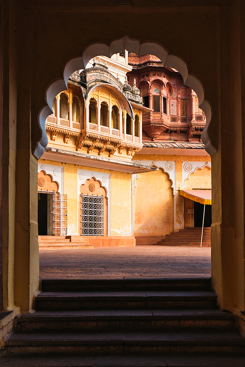 Arched gateway in Mehrangarh fort example of Rajput architecture. Jodhpur, Rajasthan, India