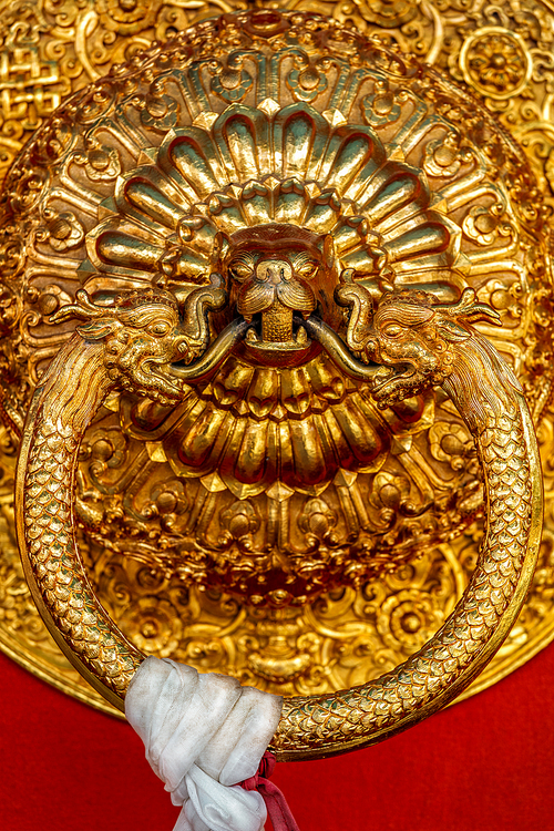 Lion shaped door handle in Buddhist temple. Kaza, Spiti Valley, Himachal Pradesh, India