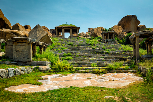 Ancient ruins in Hampi at Hampi Bazaar, Hampi, Karnataka, India