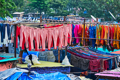 View of Dhobi Ghat (Mahalaxmi Dhobi Ghat) is world largest open air laundromat (lavoir) in Mumbai, India with laundry drying on ropes. Now one of signature landmarks and tourist attractions of Mumbai