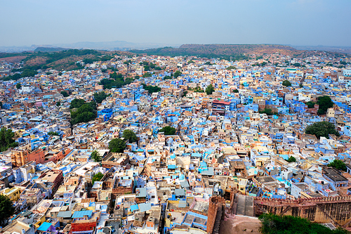 Aerial view of Jodhpur, also known as Blue City due to the vivid blue-painted Brahmin houses around Mehrangarh Fort. Jodphur, Rajasthan, India