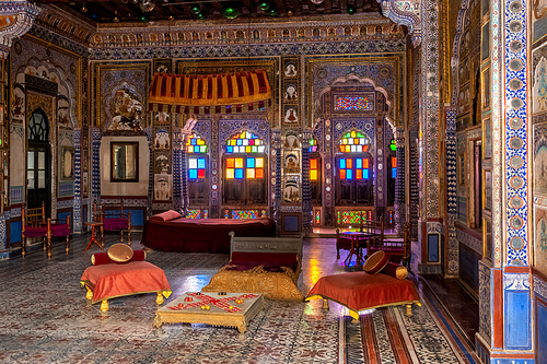 Takhat Vilas (Maharaja Takhat Singh's Chamber) decorated room in Mehrangarh fort. Jodhpur, Rajasthan, India