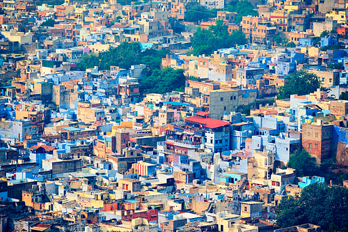 Aerial view of Jodhpur, also known as Blue City due to the vivid blue-painted Brahmin houses around Mehrangarh Fort. Jodphur, Rajasthan, India