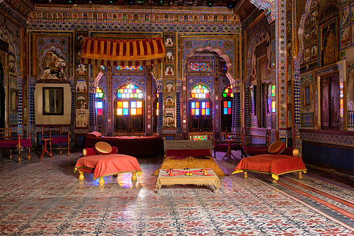 Takhat Vilas (Maharaja Takhat Singh's Chamber) decorated room in Mehrangarh fort. Jodhpur, Rajasthan, India