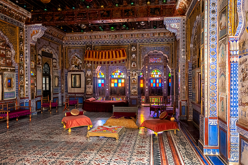 Takhat Vilas (Maharaja Takhat Singh's Chamber) decorated room in Mehrangarh fort. Jodhpur, Rajasthan, India