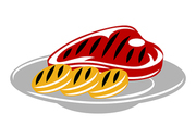 Bbq illustration with grill objects and icons. Stylized kitchen and restaurant menu items.