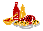 Bbq illustration with grill objects and icons. Stylized kitchen and restaurant menu items.