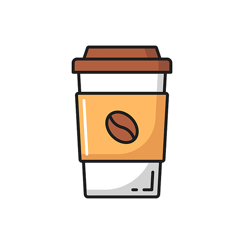 Paper coffee cup with lid and bean flat line icon. Vector disposable tea or cocoa cup with cover, hot drinks package. Takeaway fastfood beverage, takeout drink in plastic or glass container, mockup