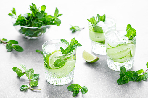 Mint, lime and cucumber refreshing infused detox cocktail with ice, light refreshment summer mocktail