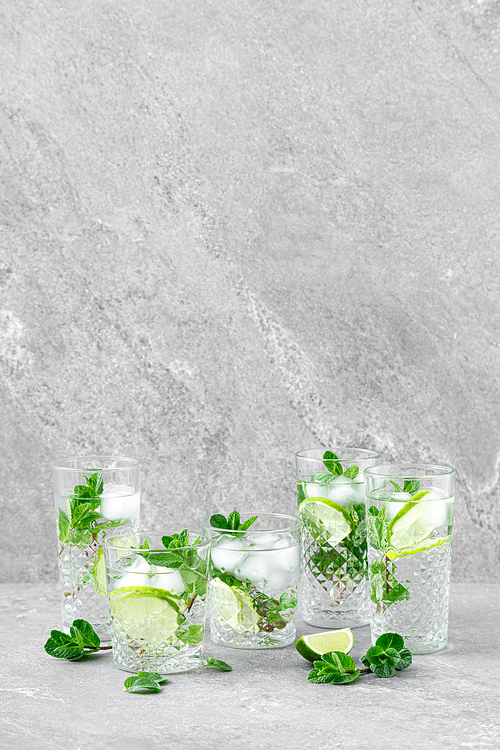 Mint and lime refreshing mojito cocktail with ice, refreshment citrus drink.