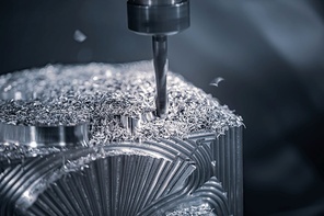 Metalworking CNC milling machine. Cutting metal modern processing technology. Small depth of field. Warning - authentic shooting in challenging conditions. A little bit grain and maybe blurred.