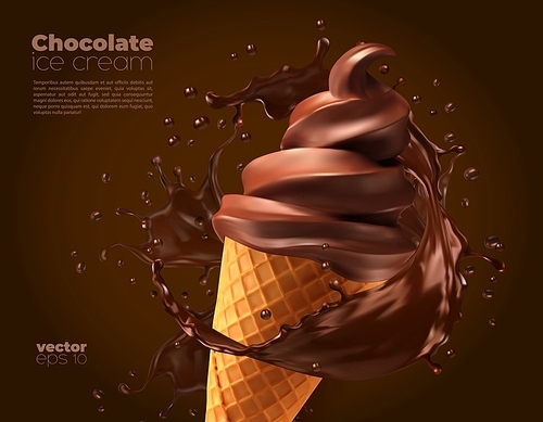 Chocolate ice cream dessert cone with splash, vector realistic ad with choco splashing. Chocolate ice cream in wafer cone with cocoa topping flow wave and drops splatter, iecream advertising