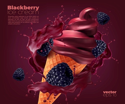Blackberry soft ice cream cone with splash, vector realistic ad with berry flavor splashing. Blackberry ice cream or sorbet in wafer cone with berries flow wave and drops splatter, iecream advertising