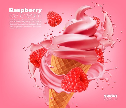 Raspberry soft ice cream cone with milk splash and fruits. Vector realistic waffle cone with 3d pink swirl of soft serve ice cream and fresh berries. Summer dessert food, frozen yogurt or gelato