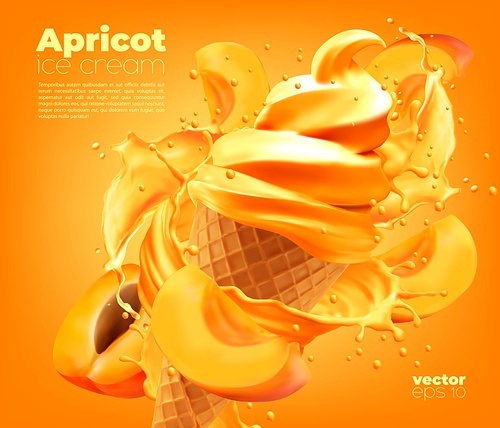 apricot soft ice cream cone with splash on background, vector ad poster. 3d realistic icecream twist in . fruit twirl on wafer cone for summer dessert package template or ice cream