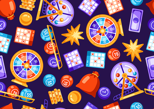 Lottery and bingo seamless pattern. Icons of gambling or online games. Background with lotto and casino items.