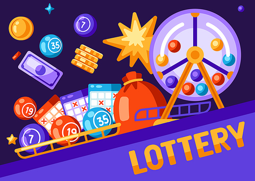 Lottery and bingo illustration. Concept for gambling or online games. Background with lotto and casino items.