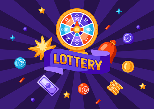 Lottery and bingo illustration. Concept for gambling or online games. Background with lotto and casino items.