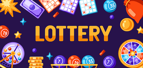 Lottery and bingo illustration. Concept for gambling or online games. Background with lotto and casino items.