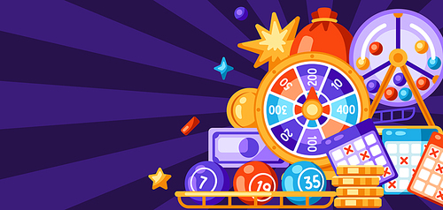 Lottery and bingo illustration. Concept for gambling or online games. Background with lotto and casino items.