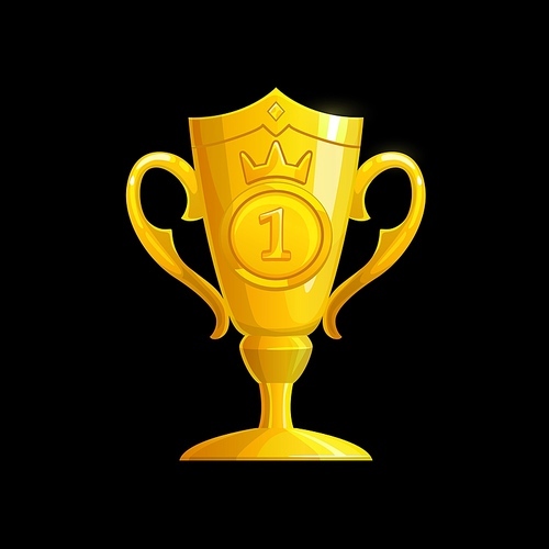 Winner golden cup, vector gold trophy for first place prize award. Champion goblet with cap, crown and handles, number one winner trophy, contest victory achievement, success celebration ui object