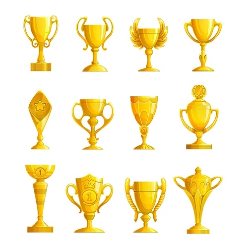 Golden prizes and cups, goblet reward for game winner vector icons. Gold cup trophy with wings for first place with victory stars and laurel wreath. Best champion prize or competition reward