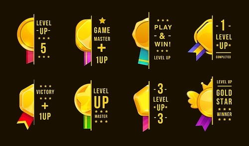 Golden level up labels, game icons and star reward bonus, vector UI or GUI ranks. Level up golden badges with ribbons. Video game victory awards or next level trophy medals with wings and crown