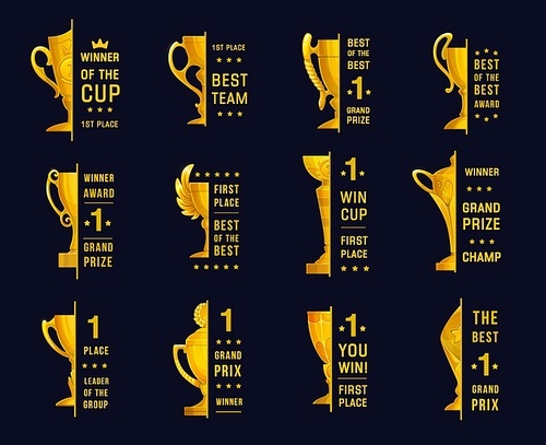 Winner and first place labels with golden trophy bowl. Competition victory triumph, sport tournament winning award and business career success vector symbols with first place holder golden cup or bowl