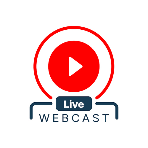 Live webinar icon or webcast vector button of online training, virtual workshop and educational video course or seminar. Isolated red symbol of play button, web education, conferencing, live webinar