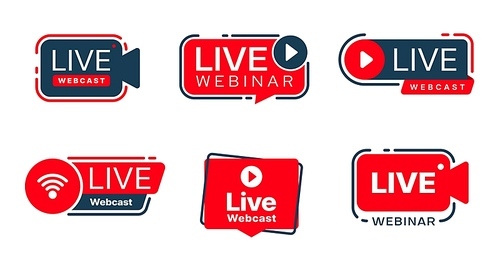 Live webinar, webcast icons. Training course web broadcast, online education video stream or business conference webcast, webinar tutorial vector signs or icons with video camera, play button symbols