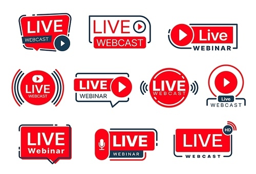 Live webinar, webcast icons of online stream video or podcast, vector web player icons. Webinar live channel and streaming web video or microphone symbols for online vlog or tube broadcast