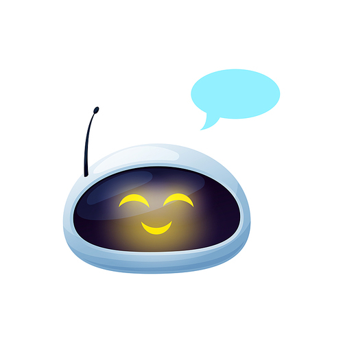 Chatterbot customer support service chatting bot with glowing eyes and speech bubble isolated cartoon character. Vector virtual online support chatbot ai assistant helper, messenger application robot