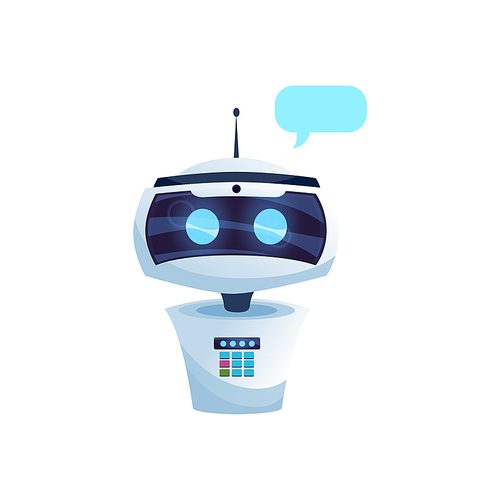 Chatbot robot helper, virtual artificial intelligence digital app assistant with speech bubble or message sign. Vector messenger service line operator, online helper mobile application ai support bot