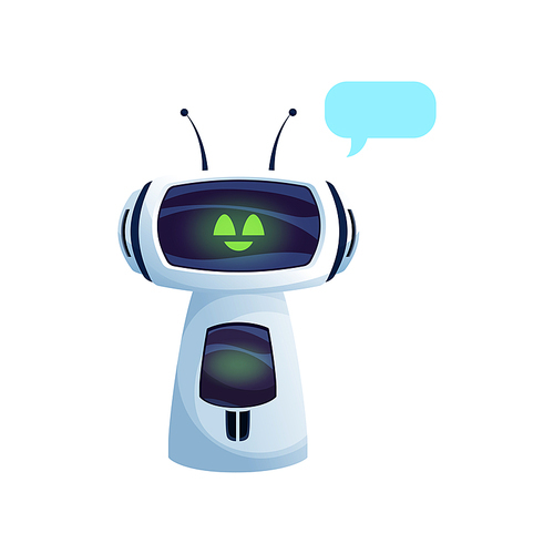 Robot or chatbot smart assistant and service center artificial intelligence helper isolated futuristic character. Vector virtual AI online service support chat bot with message bubble and smiling face