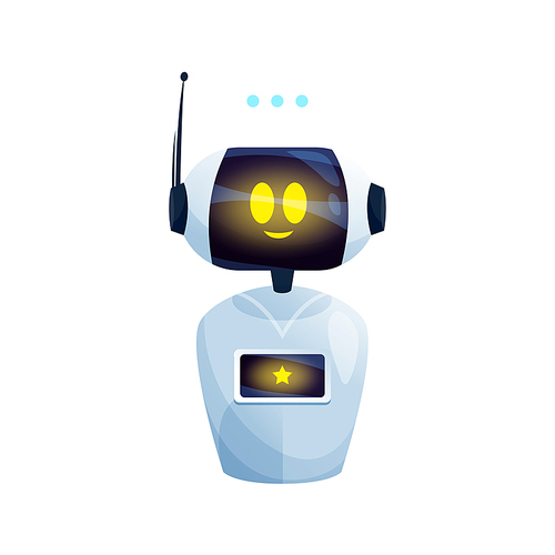 Robot smart helper with typing message sign above hand, friendly positive chatbot, ai helper isolated customer support service assistant. Vector online consultant, futuristic sci-fi character