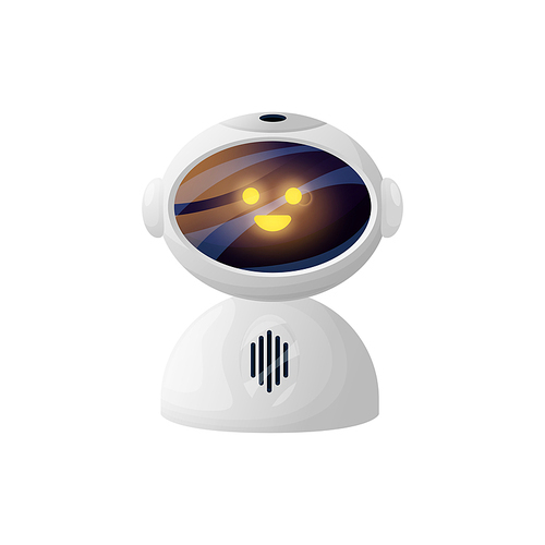 Bot robot or chatbot virtual online assistant with kind smiling face isolated customer service support character. Vector internet consultant, chat bot digital smart assistance helper, glowing eyes