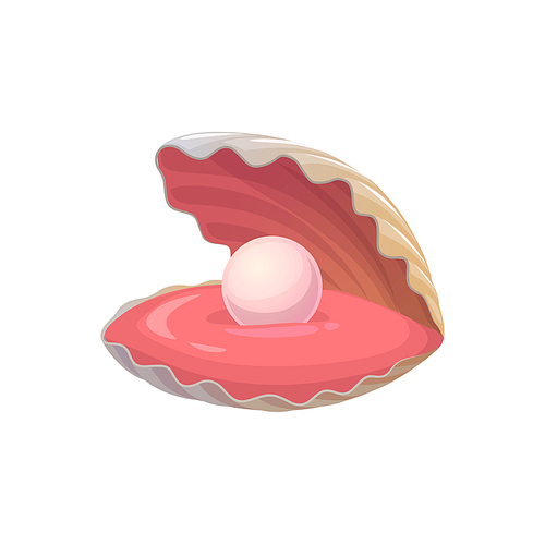 Cartoon shell with pearl underwater animal, isolated vector seashell mother with open case and nacre jewelry ball lying on pink tongue. Oyster, treasure, mussel creature