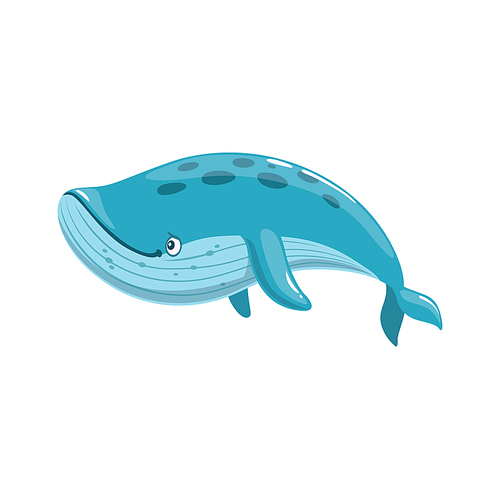 Cartoon whale character, blue cute sea animal, vector happy fish. Funny cartoon baby whale with fins and tail in ocean water, marine underwater or undersea big fish