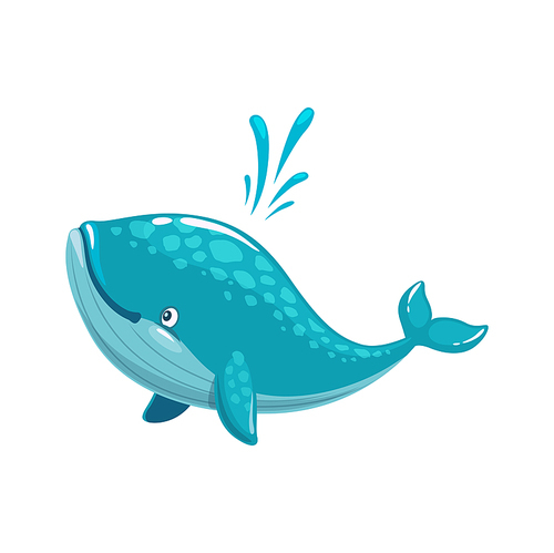 Cartoon whale character with water cascade splash, vector cute sea animal. Funny cartoon baby whale with water fountain squirt splash, marine underwater or undersea big blue whale fish