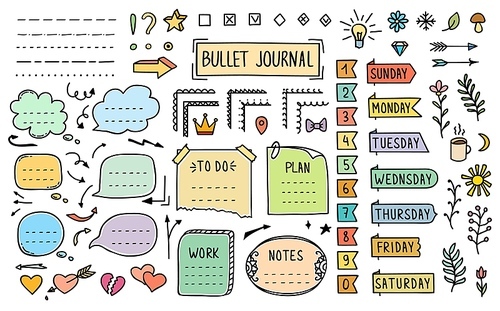 Bullet journal doodle diary color elements, stickers and paper notes, vector notebook frame. Bullet journal planner week day and numbers stickers, to do list or calendar plan labels and banners