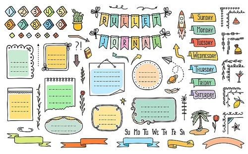 Bullet journal color doodle, diary calendar or notebook frames, stickers and banners, vector element. Bullet journal page arrows or sketch book week day labels and calendar planner memo ribbons