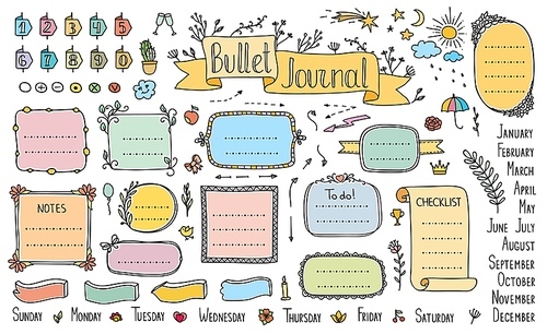 Bullet journal color doodle diary calendar elements and scrapbook notes, vector frames. Journal bullet or calendar planner cartoon doodle pencil stickers with week day and month, scrap book labels