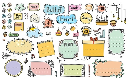 Bullet journal diary calendar color doodle frames and elements, vector stickers. Bullet journal doodle icons, number labels, notes and arrows, notebook day planner banners and reminder ribbons