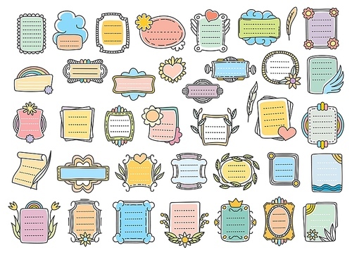 Bullet journal doodle frames, notes and diary calendar elements, vector memo note reminders. Journal bullet page stickers or calendar planner and notebook labels of to do list or agenda memo